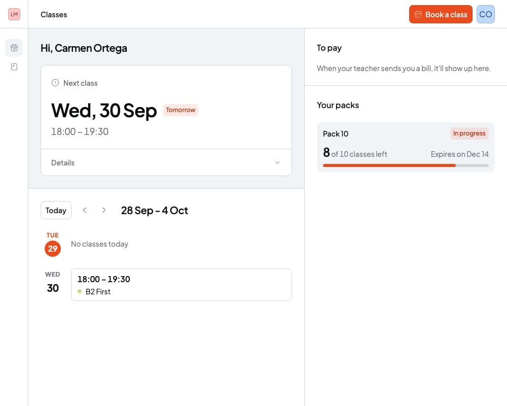 Student portal with the next class, the week's sessions, bills to pay and a session pack with the sessions left