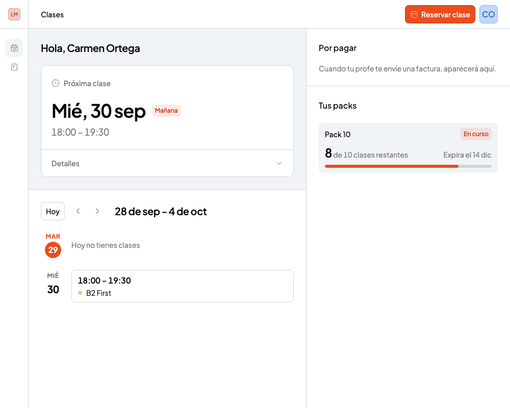 Portal de estudiantes con la próxima clase, las sesiones de la semana, la sección Por pagar y un pack de sesiones con las sesiones que quedan