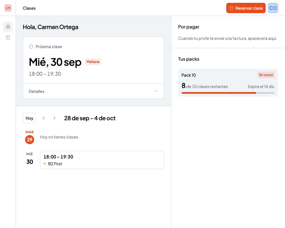Portal de estudiantes con la próxima clase, las sesiones de la semana, la sección Por pagar y un pack de sesiones con las sesiones que quedan