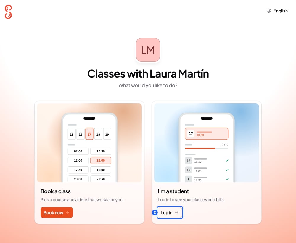 Portal home page of a teacher with the Book a class and I'm a student cards, the Log in button under I'm a student numbered 2