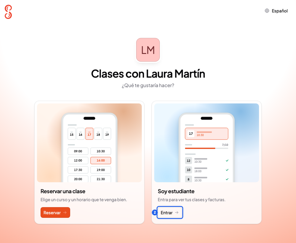 Página de inicio del portal de una profe con las tarjetas Reservar una clase y Soy estudiante, el botón Entrar de Soy estudiante numerado con el 2