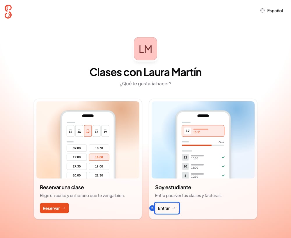 Página de inicio del portal de una profe con las tarjetas Reservar una clase y Soy estudiante, el botón Entrar de Soy estudiante numerado con el 2