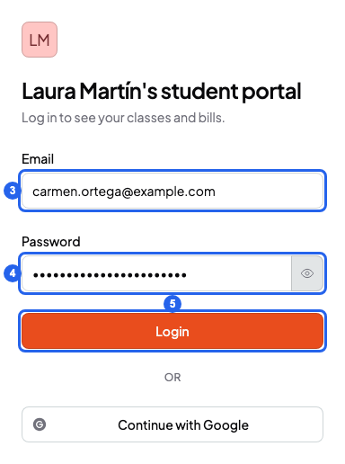 Student portal login form with the Email and Password fields and the Login button, numbered 3 to 5
