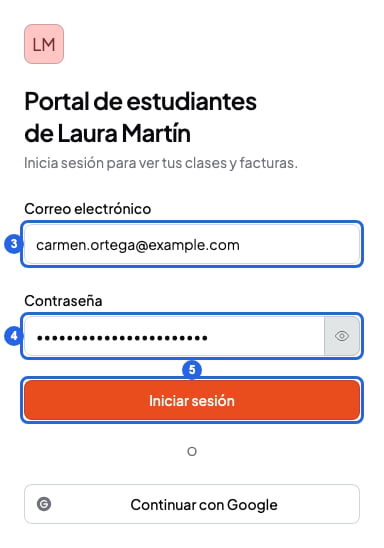 Formulario para entrar en el portal de estudiantes con los campos Correo electrónico y Contraseña y el botón Iniciar sesión, numerados del 3 al 5