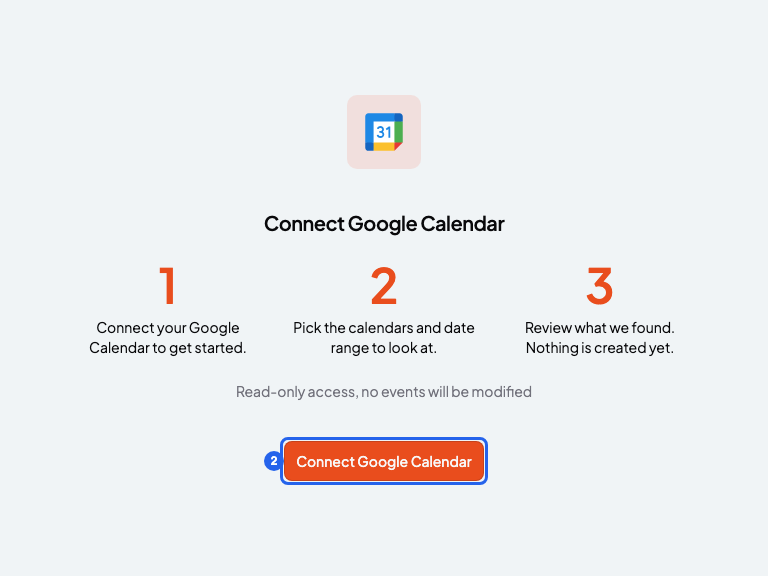 Connect Google Calendar screen with the Connect Google Calendar button highlighted with number 2
