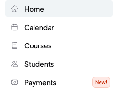 SmartCookie side menu with the options Home, Calendar, Courses, Students and Payments