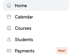 SmartCookie side menu with the options Home, Calendar, Courses, Students and Payments