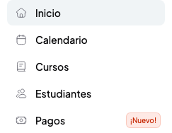 Menú lateral de SmartCookie con las opciones Inicio, Calendario, Cursos, Estudiantes y Pagos