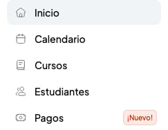 Menú lateral de SmartCookie con las opciones Inicio, Calendario, Cursos, Estudiantes y Pagos