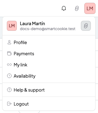 Open profile menu with the options Profile, Payments, My link, Availability and Help & support