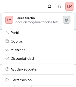 Menú de perfil abierto con las opciones Perfil, Cobros, Mi enlace, Disponibilidad y Ayuda y soporte