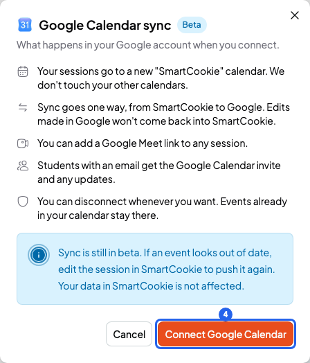 Google Calendar sync window with what happens when you connect and the Connect Google Calendar button numbered 4
