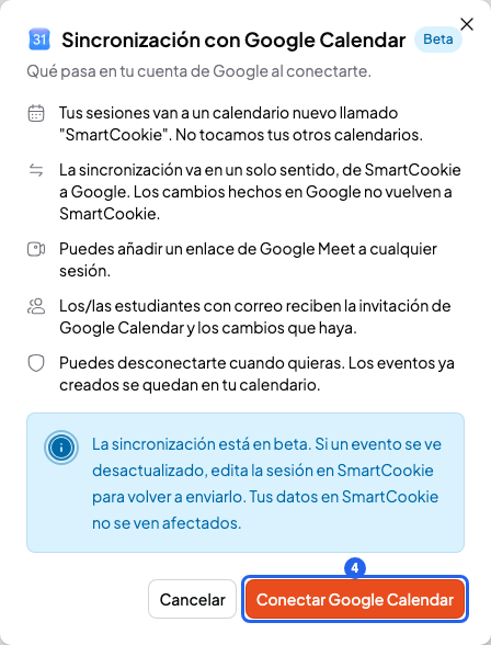 Ventana Sincronización con Google Calendar con lo que pasa al conectar y el botón Conectar Google Calendar numerado con el 4