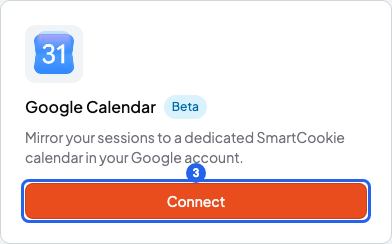 Google Calendar card with the Beta label and the Connect button highlighted with number 3