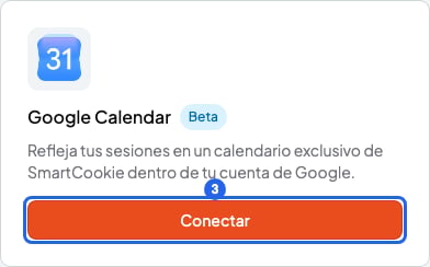 Tarjeta Google Calendar con la etiqueta Beta y el botón Conectar resaltado con el número 3