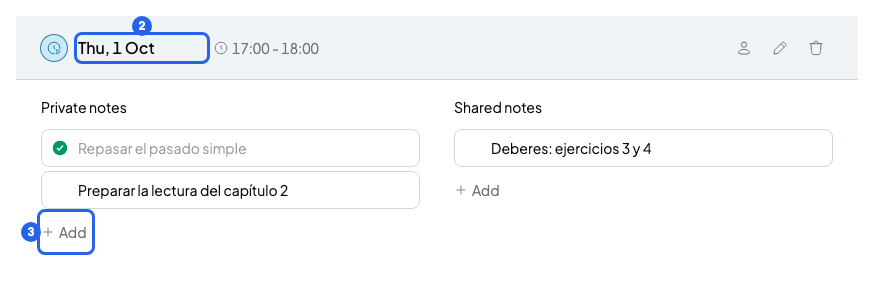 Session open on the course page with the Private notes and Shared notes columns, the session and the Add button numbered 2 and 3