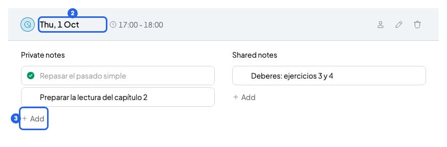 Session open on the course page with the Private notes and Shared notes columns, the session and the Add button numbered 2 and 3