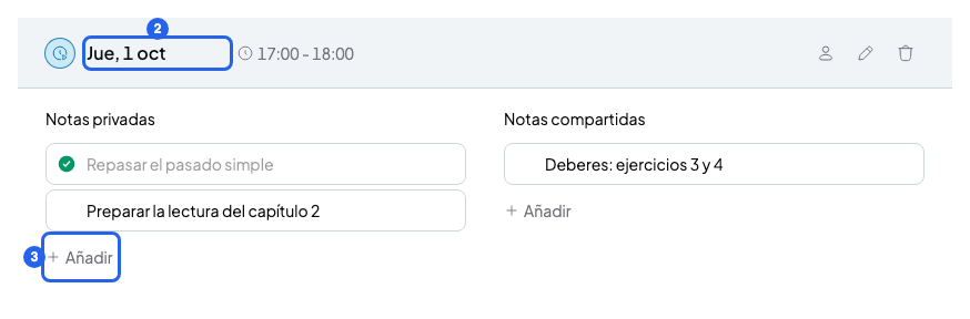 Sesión abierta en la página del curso con las columnas Notas privadas y Notas compartidas, la sesión y el botón Añadir numerados 2 y 3