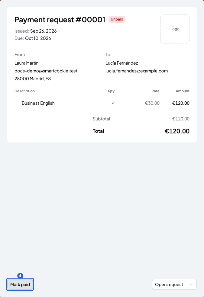 Unpaid bill with its sessions and total, and the Mark paid button numbered 4