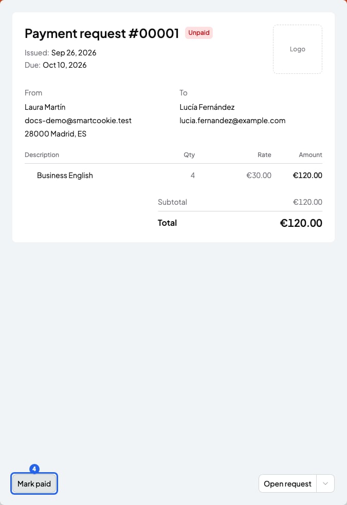 Unpaid bill with its sessions and total, and the Mark paid button numbered 4
