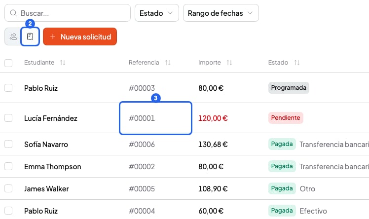 Página Pagos en Vista de solicitudes con el botón Vista de solicitudes numerado con el 2 y la referencia de una solicitud numerada con el 3