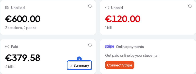 Cards on the Payments page with the Summary button on the Paid card numbered 2