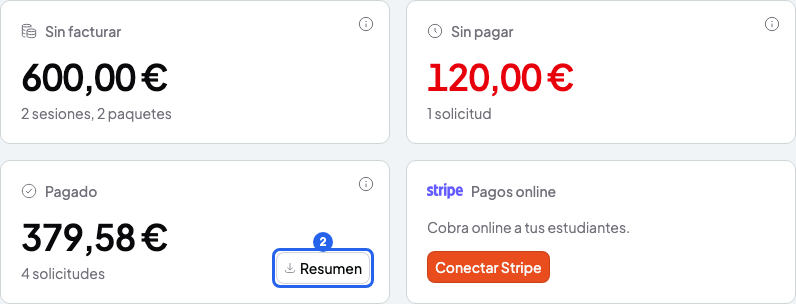 Recuadros de la página Pagos con el botón Resumen del recuadro Pagado numerado con el 2
