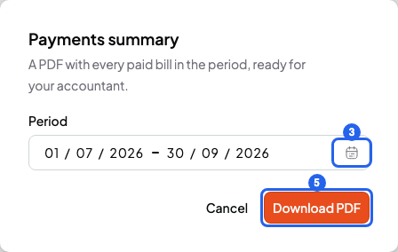 Payments summary window with the calendar icon of the Period field numbered 3 and the Download PDF button numbered 5