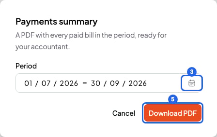 Payments summary window with the calendar icon of the Period field numbered 3 and the Download PDF button numbered 5