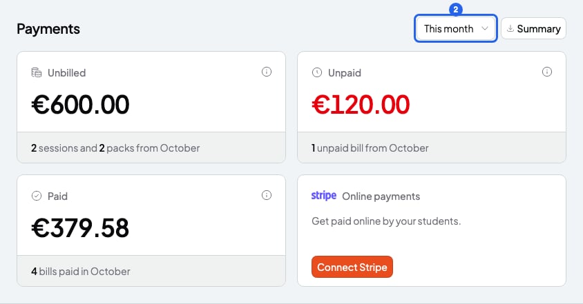 Top of the Payments page with the period picker numbered 2 and the Unbilled, Unpaid and Paid cards