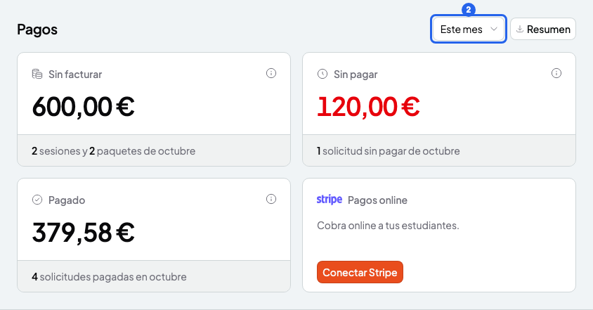 Parte de arriba de la página Pagos con el selector de periodo numerado con el 2 y los recuadros Sin facturar, Sin pagar y Pagado