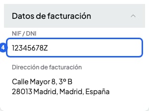 Tarjeta Datos de facturación en el perfil de un estudiante, con el valor de NIF / DNI numerado con el 4