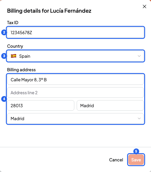 Billing details panel with Tax ID, Country, the address fields and the Save button, numbered 2 to 5