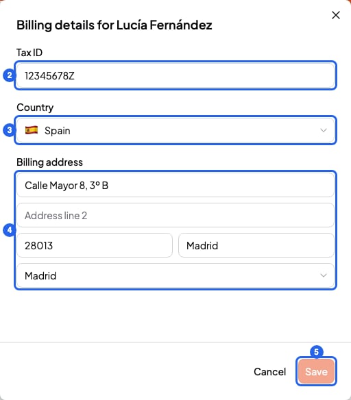 Billing details panel with Tax ID, Country, the address fields and the Save button, numbered 2 to 5
