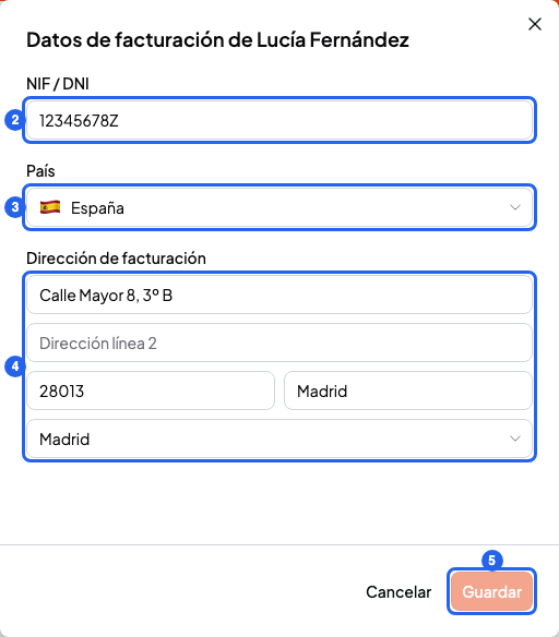Panel de datos de facturación con NIF / DNI, País, los campos de dirección y el botón Guardar, numerados del 2 al 5