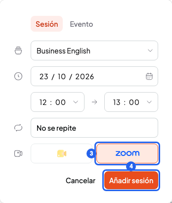 Ventana de sesión nueva con el botón Zoom marcado y el botón Añadir sesión, numerados 3 y 4