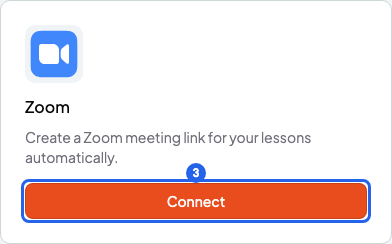 Calendar & video calls section of Integrations with the Zoom card and the Connect button highlighted with number 3