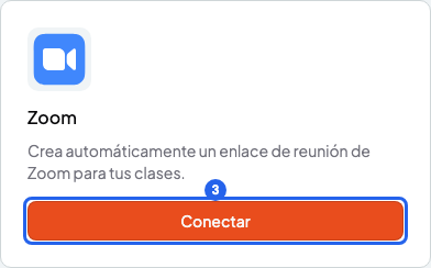 Sección Calendario y videollamadas de Integraciones con la tarjeta Zoom y el botón Conectar resaltado con el número 3
