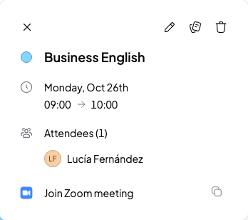 Session details in the calendar with the Join Zoom meeting and Copy link buttons