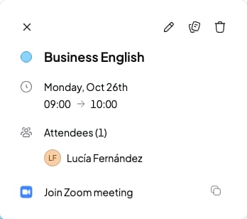 Session details in the calendar with the Join Zoom meeting and Copy link buttons
