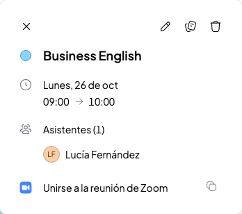 Detalles de una sesión en el calendario con los botones Unirse a la reunión de Zoom y Copiar enlace