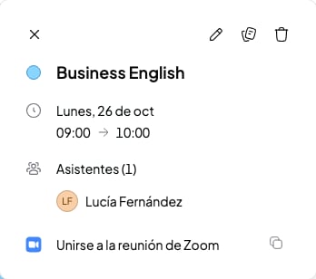 Detalles de una sesión en el calendario con los botones Unirse a la reunión de Zoom y Copiar enlace