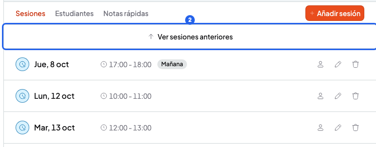 Lista de sesiones de un curso con el botón Ver sesiones anteriores numerado con el 2, encima de las próximas sesiones