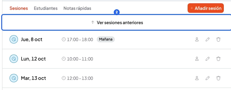 Lista de sesiones de un curso con el botón Ver sesiones anteriores numerado con el 2, encima de las próximas sesiones