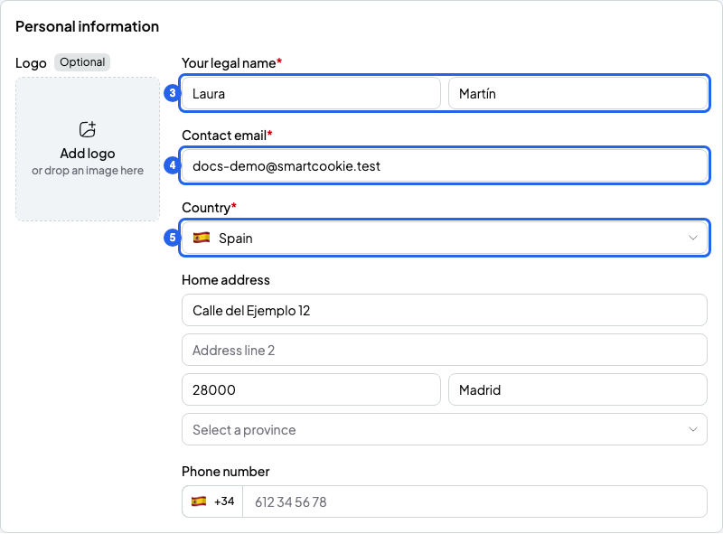 Personal information block with the Your legal name, Contact email and Country fields, numbered 3 to 5