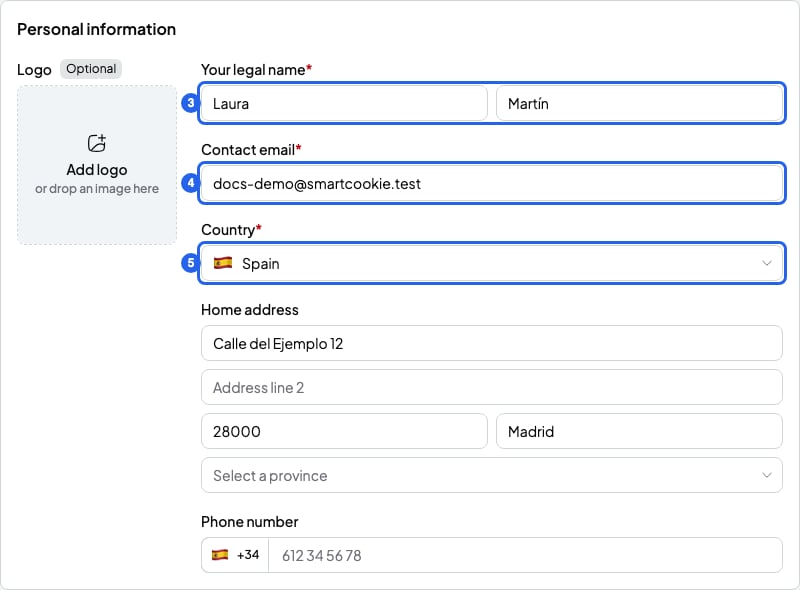 Personal information block with the Your legal name, Contact email and Country fields, numbered 3 to 5