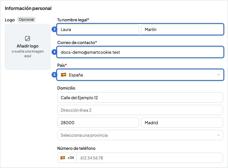 Bloque Información personal con los campos Tu nombre legal, Correo de contacto y País, numerados del 3 al 5
