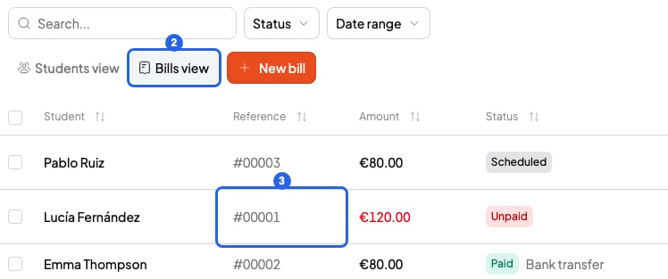 Payments page in Bills view with the Bills view button numbered 2 and a bill's reference numbered 3