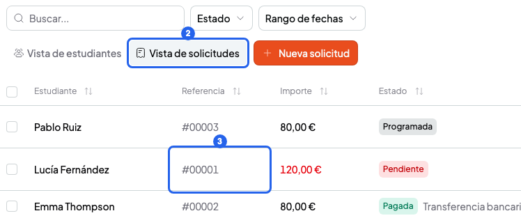 Página Pagos en Vista de solicitudes con el botón Vista de solicitudes numerado con el 2 y una solicitud numerada con el 3