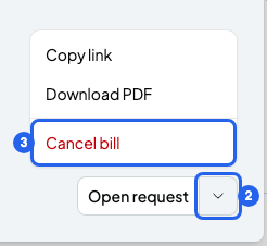 Menu open above the Open request button, with the arrow numbered 2 and Cancel bill numbered 3